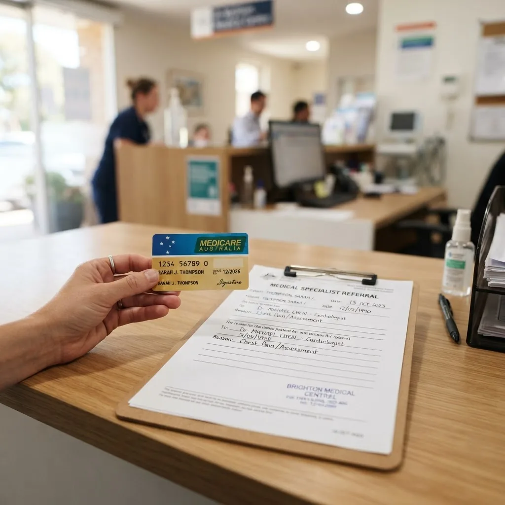 Close-up of a hand holding an Australian Medicare card next to a clipboard with medical referral papers on a clean desk, daylight setting,