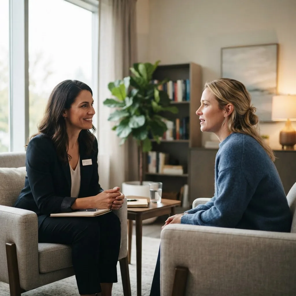 A professional, approachable psychiatrist consulting with an adult patient in a modern clinic room, bright natural light, neutral colors,