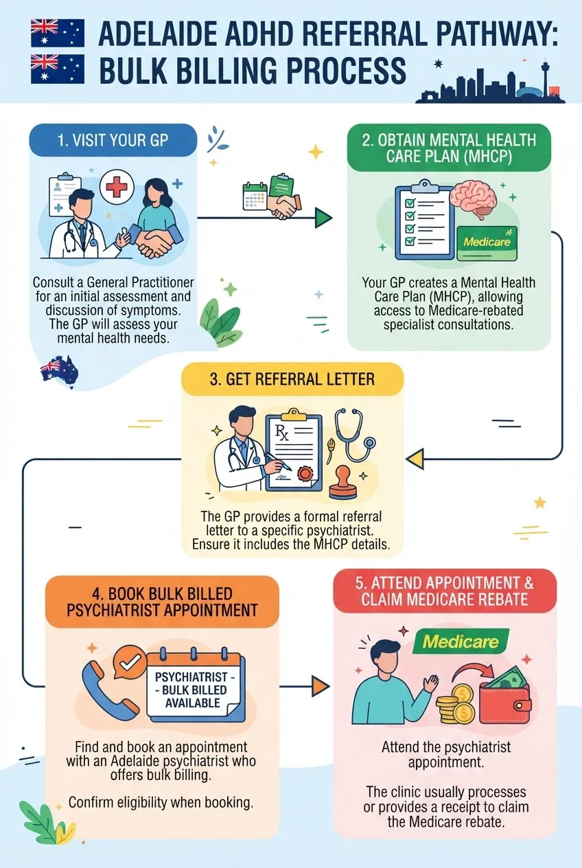 A clear step-by-step infographic depicting the ADHD bulk billing referral process in Adelaide: 1. Visit GP, 2. Obtain Mental Health Care