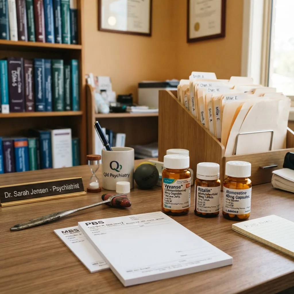 Close-up of prescription pads, ADHD medication bottles, and therapeutic tools on a psychiatrist’s desk in an Australian clinical setting,