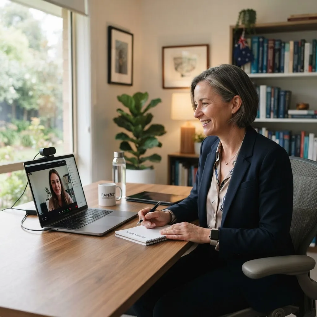 A confident middle-aged Australian psychiatrist consulting a patient via video call in a modern home office with soft natural light,