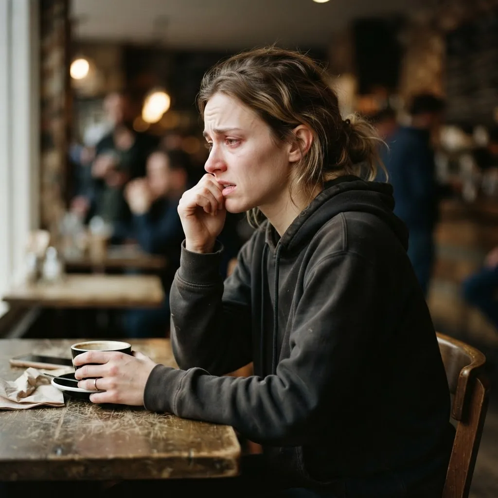 Side profile portrait of a young adult showing visible signs of stress and anxiety, with a subtle background blur to emphasize emotional