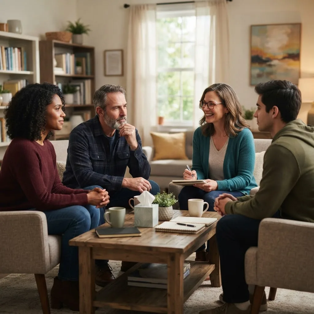 Close-up image of a diverse group of adults in a calm medical consultation room, discussing with a mental health professional, natural