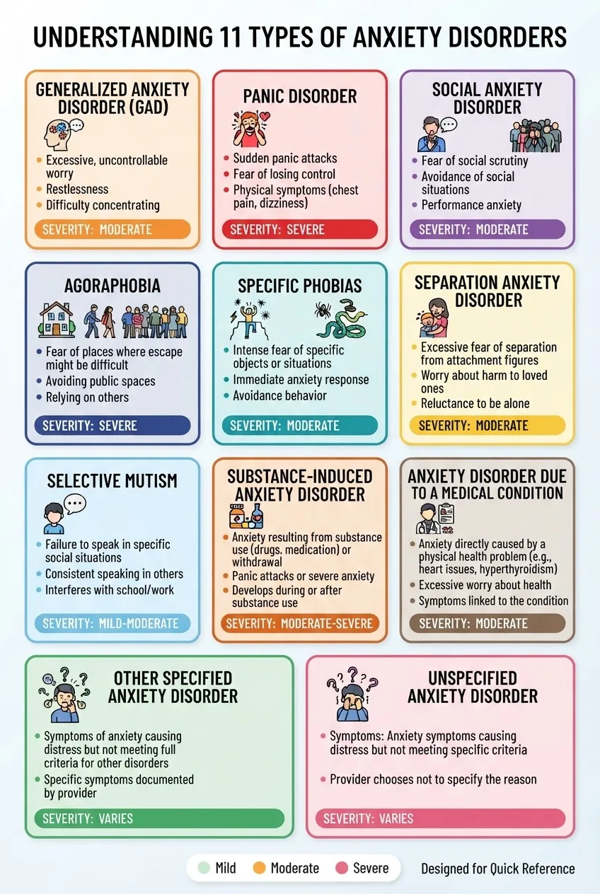 A clean infographic displaying the 11 types of anxiety disorders in a grid format; each box contains an icon representing the disorder, a