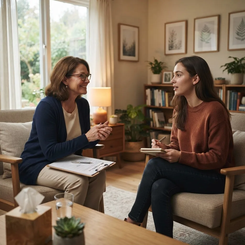 a therapist conducting a cognitive behavioral therapy session with a patient in a calming therapy room, showing interaction with supportive