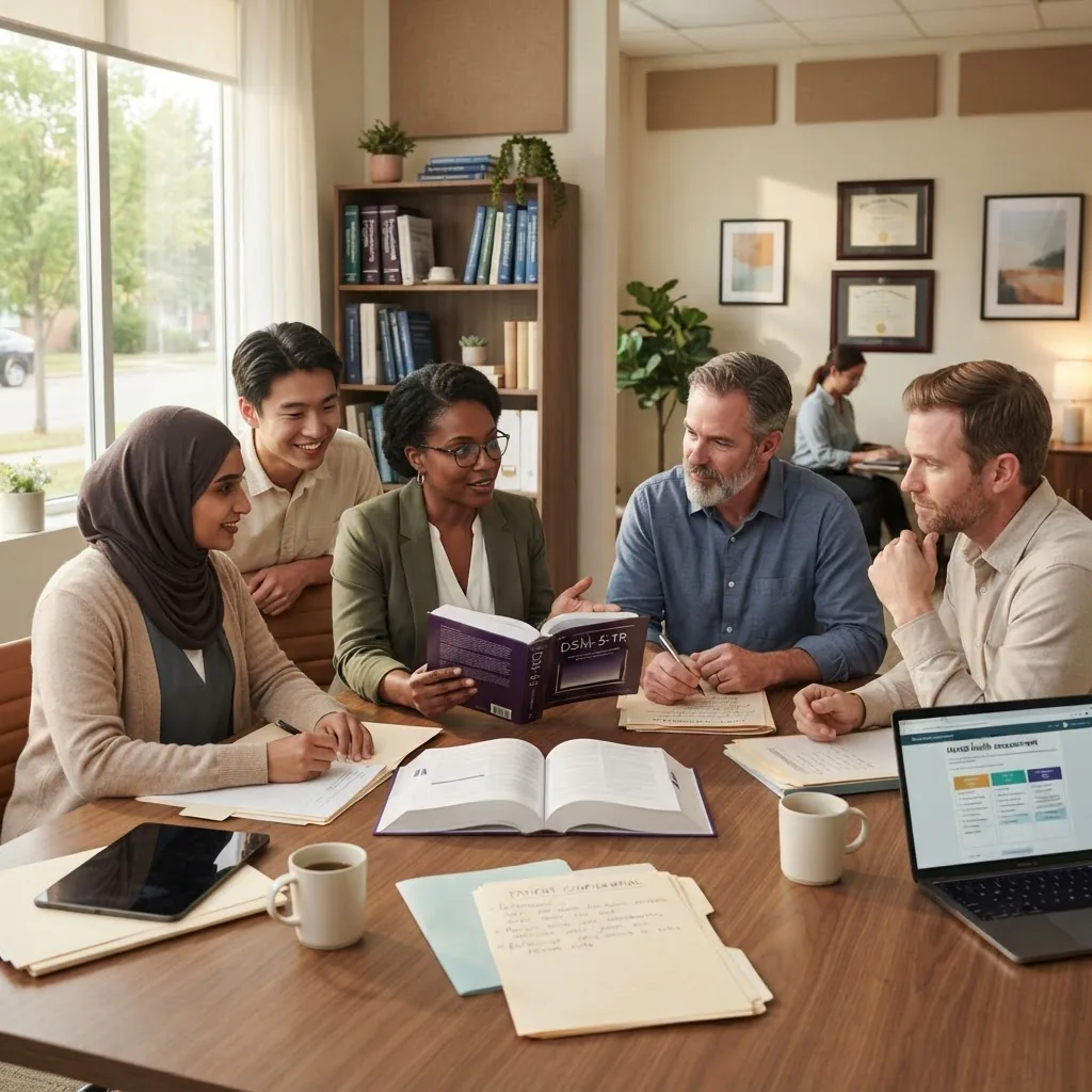 a diverse group of mental health professionals in a modern clinic setting reviewing diagnostic manuals and patient notes with focus on