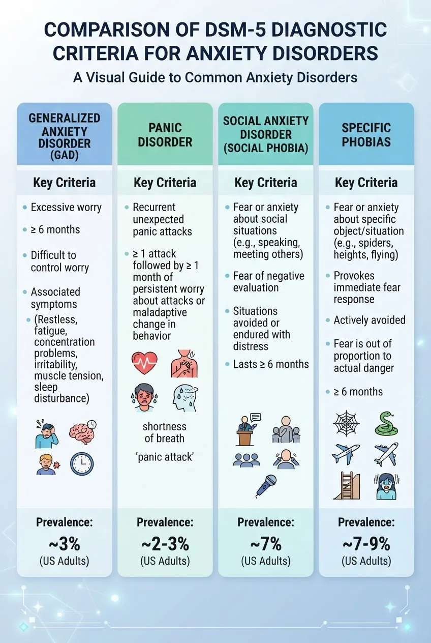 comparing DSM-5 diagnostic criteria for Generalized Anxiety Disorder, Panic Disorder, Social Anxiety Disorder, and Specific Phobias in four