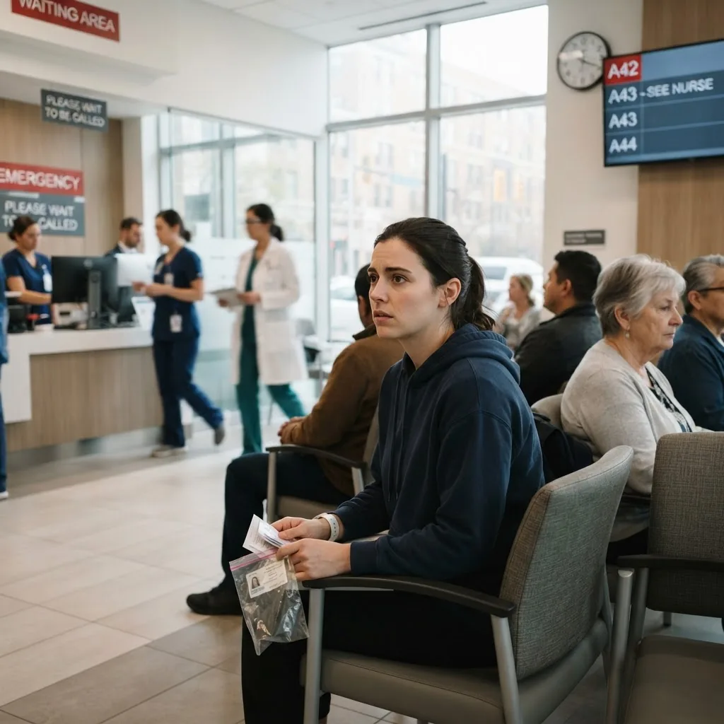 Patient in a modern hospital emergency waiting room, looking anxious but attentive, soft natural lighting, conveying urgency without panic