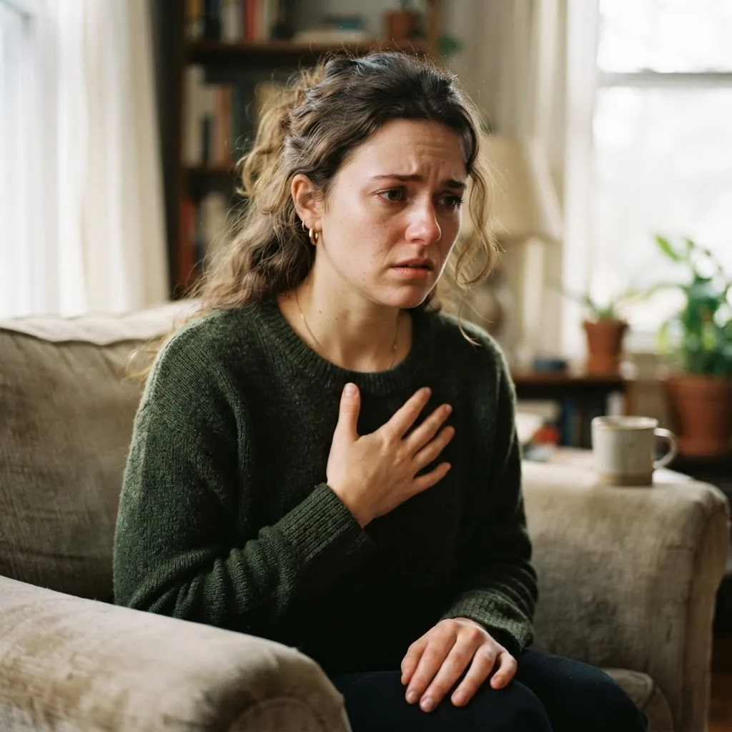Close-up of a young adult sitting quietly with a hand on their chest, looking concerned in a softly lit room, illustrating the feeling of