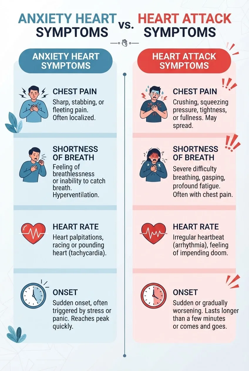 Side-by-side comparison infographic with two columns: left shows “Anxiety Heart Symptoms” and right shows “Heart Attack Symptoms,” each