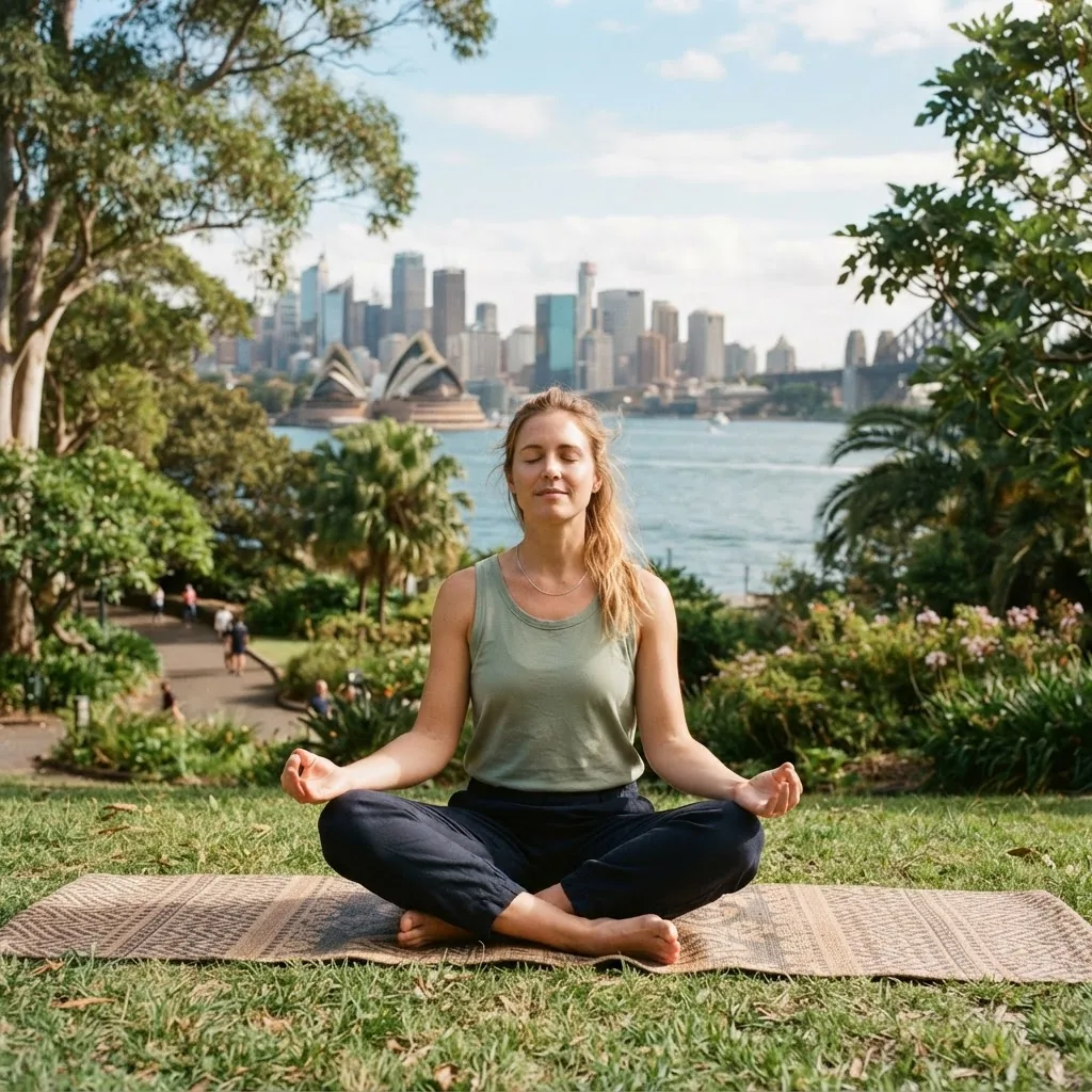 Peaceful scene of a person practicing mindful breathing outdoors in a Sydney park, casual clothing, mid-morning sunlight, relaxed posture