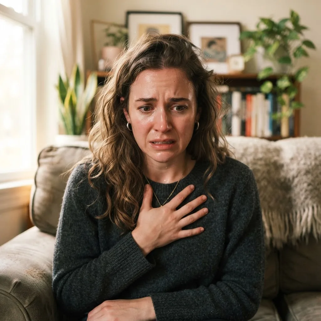 Close-up image of a young adult sitting in a cozy indoor setting, holding their chest and appearing stressed or anxious, soft natural