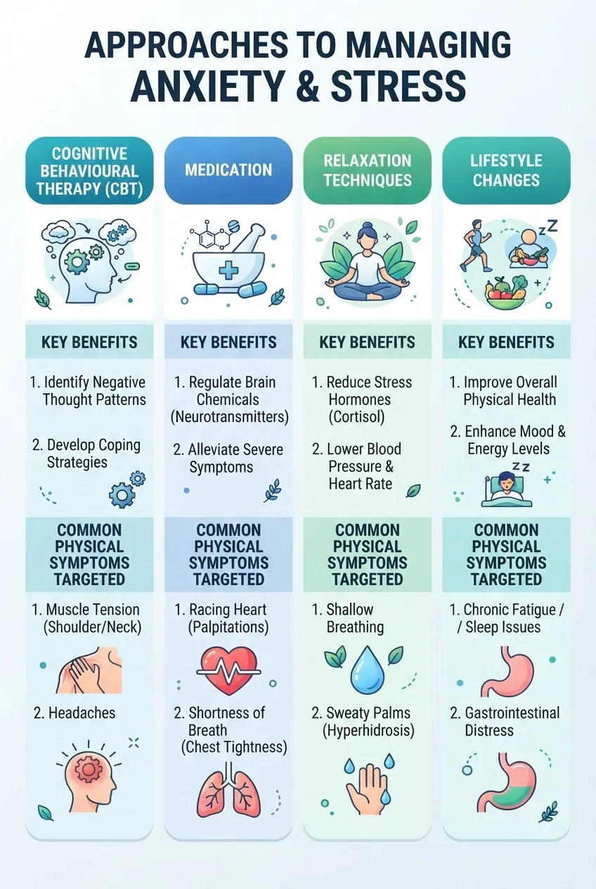 A visually clear infographic with four columns labeled: Cognitive Behavioural Therapy, Medication, Relaxation Techniques, Lifestyle