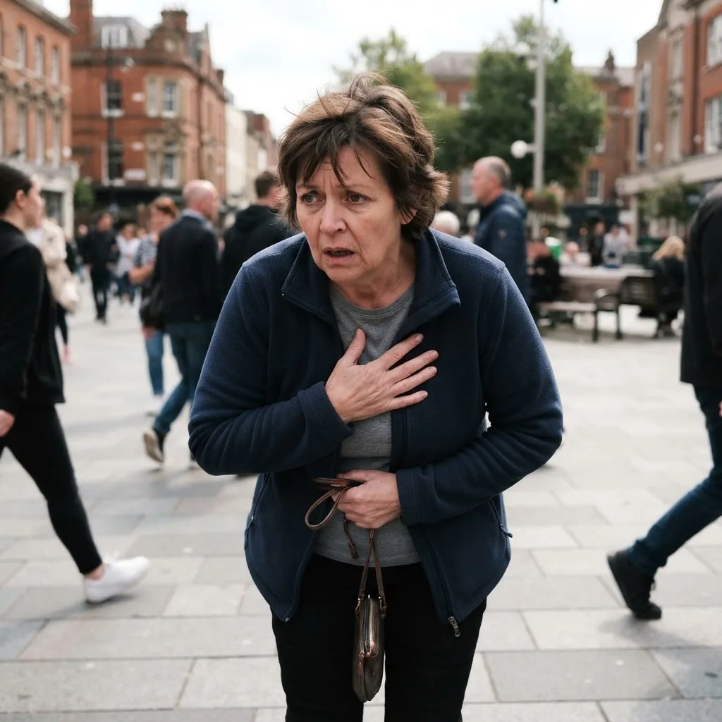 Photo of a middle-aged person experiencing distress outdoors, doubled over slightly with eyes wide, illustrating sudden physical onset of a