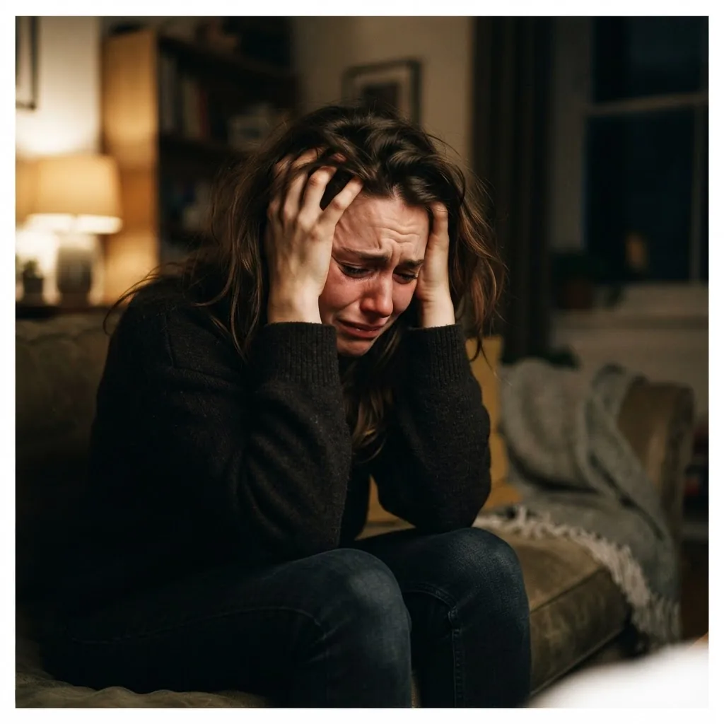 Close-up of a young adult sitting alone in a softly lit room, clutching their head with a worried expression, visualizing the emotional and