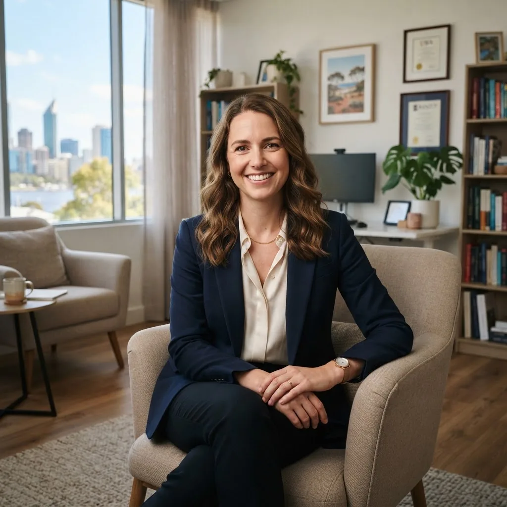 a confident female psychiatrist in a clinical office setting in Perth, mid-30s to 40s, smiling and welcoming, natural daylight through