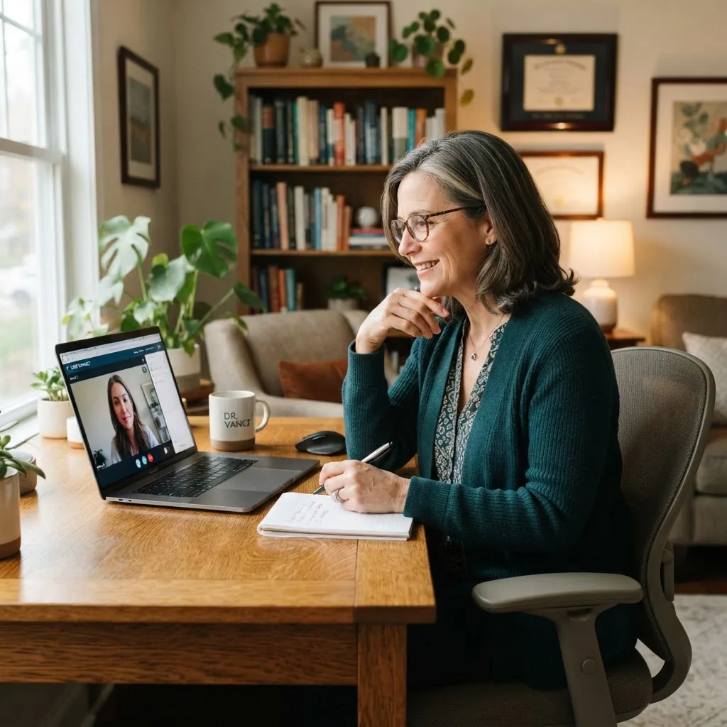 middle-aged female mental health professional conducting a telehealth video consultation on a laptop, home office background with soft