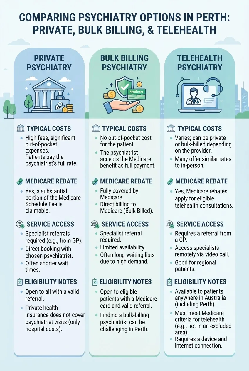 with three columns comparing Private Psychiatry, Bulk Billing Psychiatry, and Telehealth Psychiatry in Perth, each column features an icon