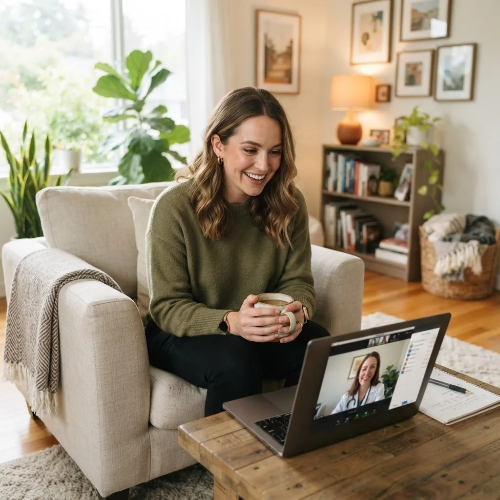 A friendly young adult woman sitting comfortably at home using a laptop for a video consultation, soft natural daylight, cozy modern living