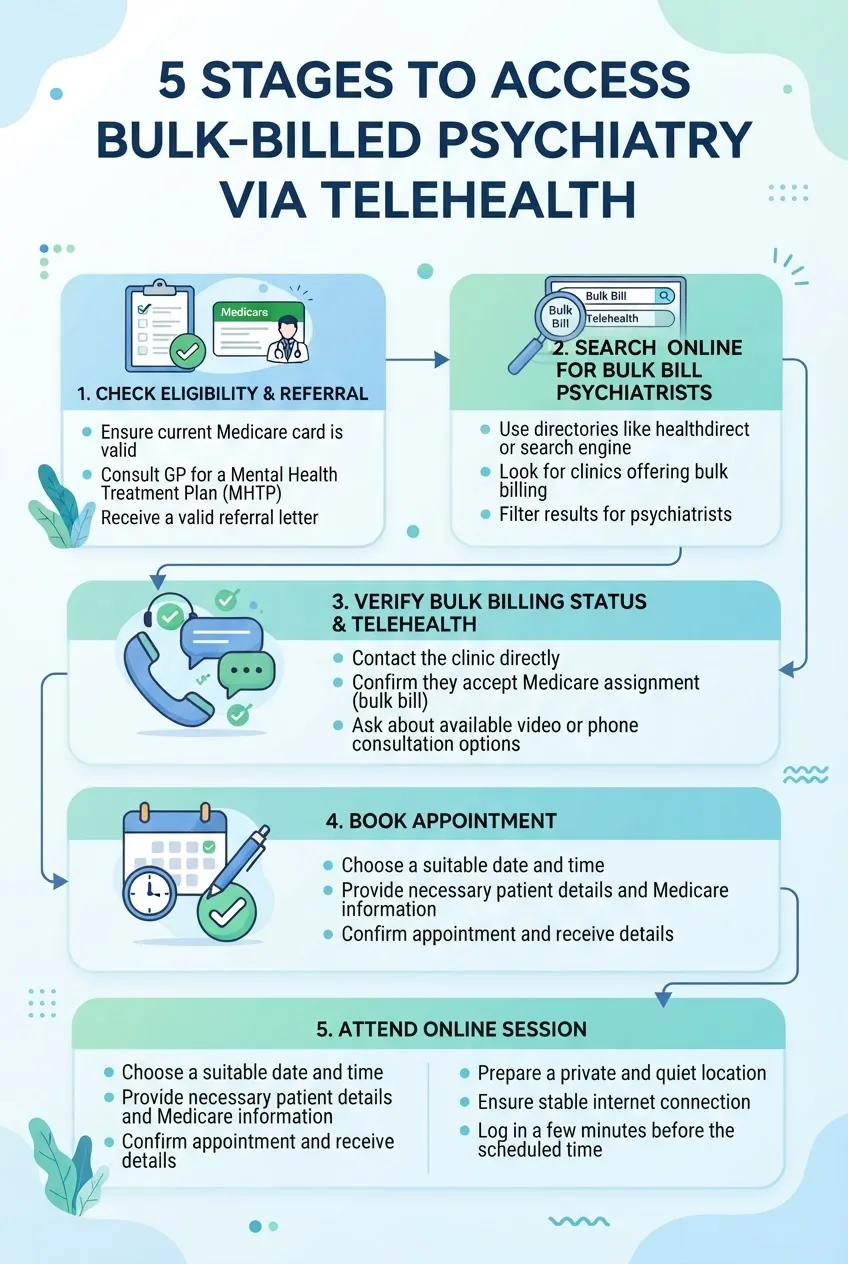 shows 5 stages: 1) Check eligibility & referral, 2) Search online for bulk bill psychiatrists, 3) Verify bulk billing status and telehealth