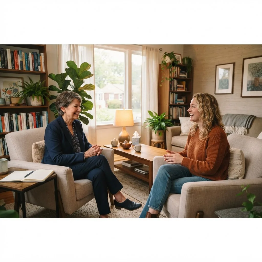 Wide-angle photo of a friendly therapist in a professional consulting room speaking empathetically with a relaxed adult client, both