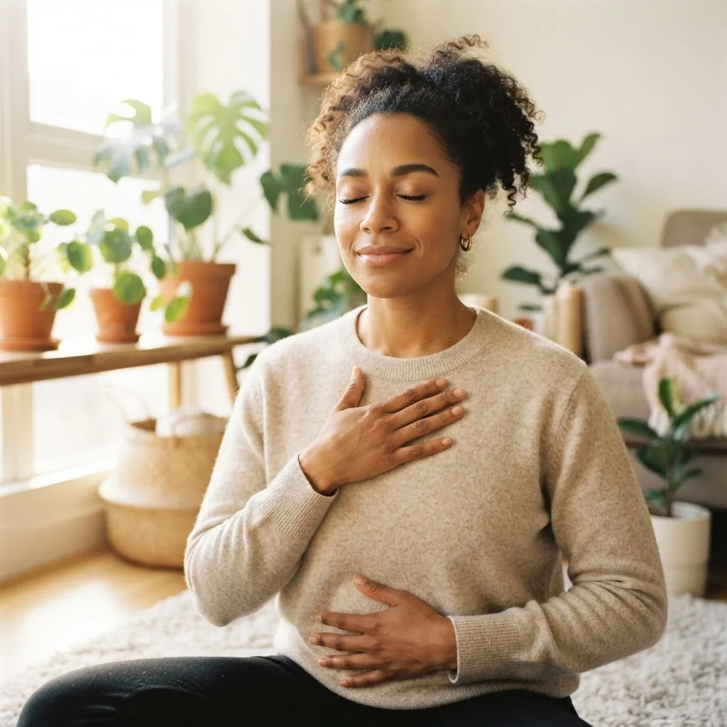 Close-up photo of a calm, diverse adult sitting in a bright room practicing controlled breathing exercises with eyes closed, natural