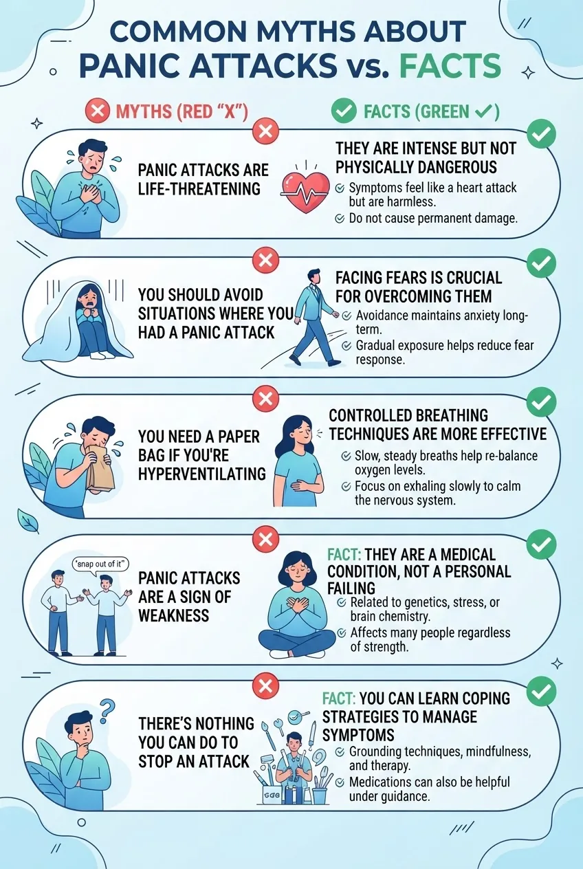 A clean 5-row infographic listing common myths about panic attacks on the left with red “X” icons and corresponding facts on the right with