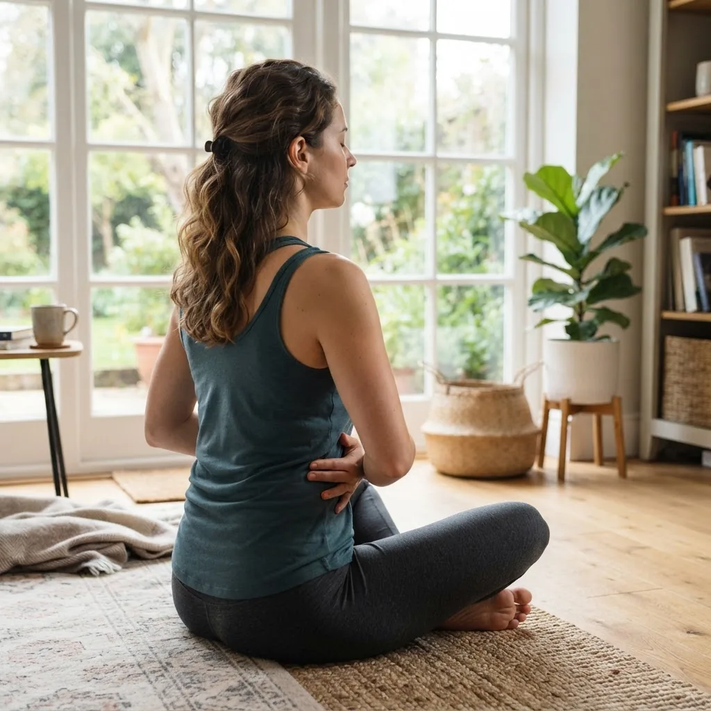 an over-the-shoulder view of a calm person practicing deep breathing exercise seated on the floor near a window, daylight, peaceful mood,