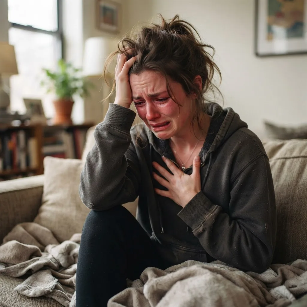 a close-up photo of a young adult sitting on a couch looking distressed, holding their head and chest, indoor natural light, soft focus