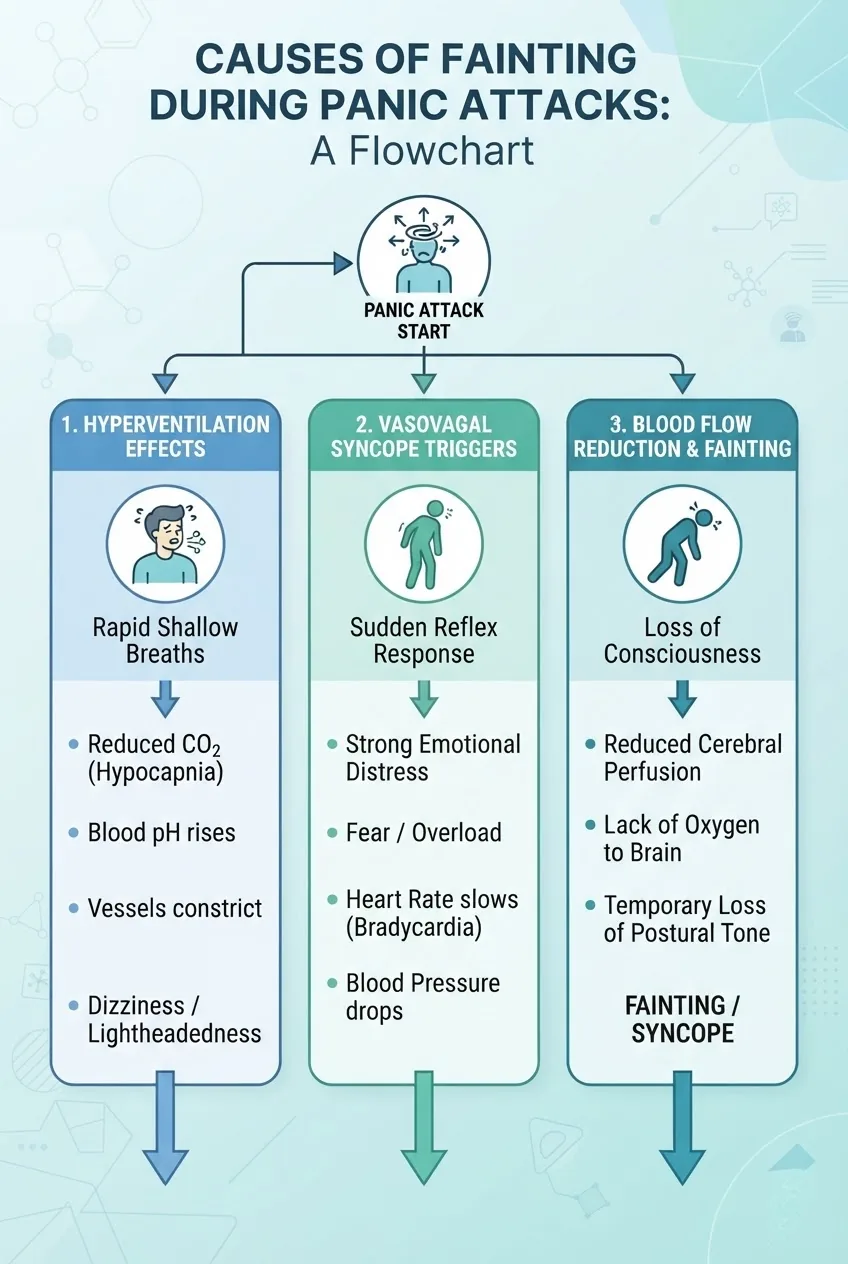 is a flowchart with three columns explaining causes of fainting during panic attacks: (1) Hyperventilation effects with an icon and brief