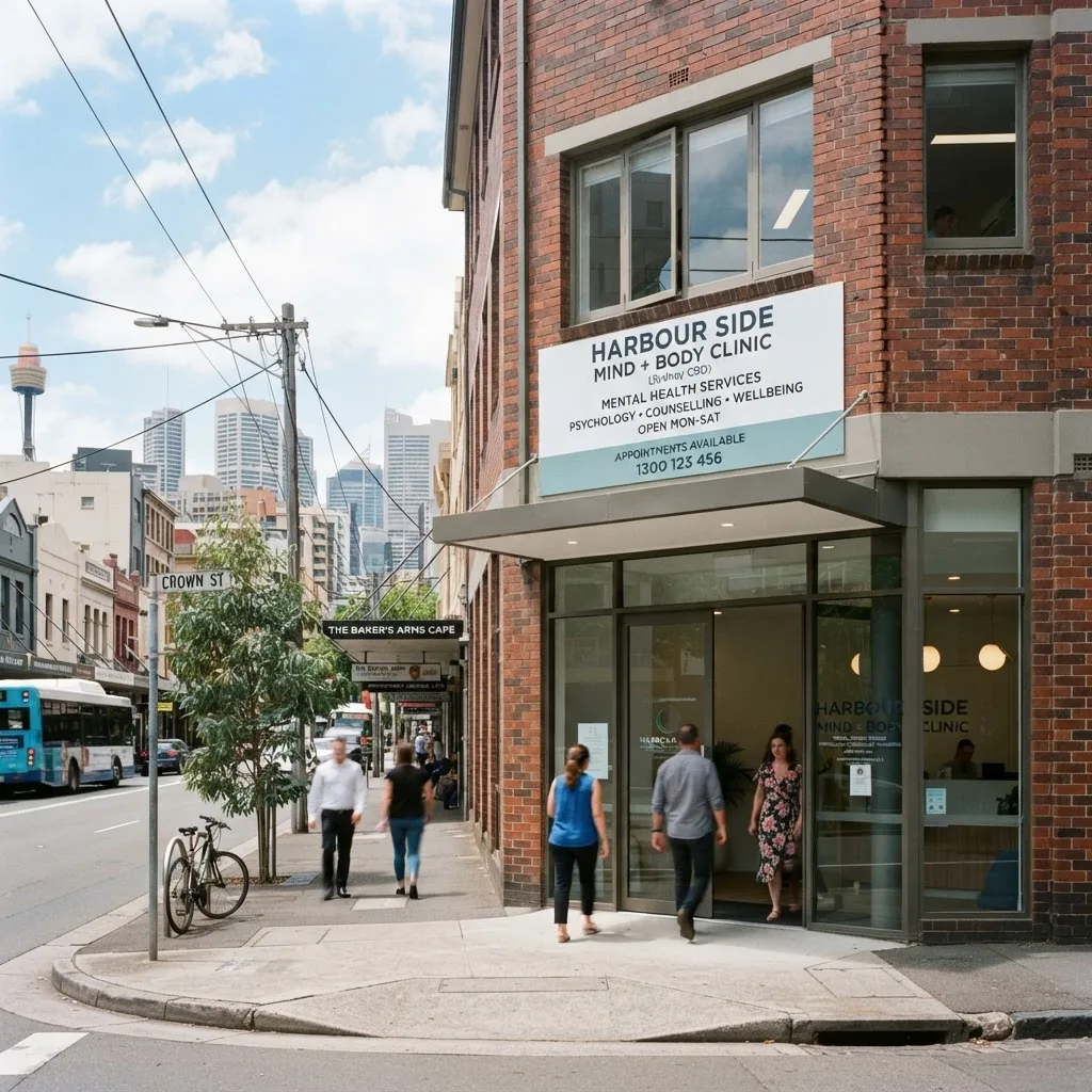A street view of a professional health clinic building in Sydney with clear signage indicating mental health services, in midday lighting