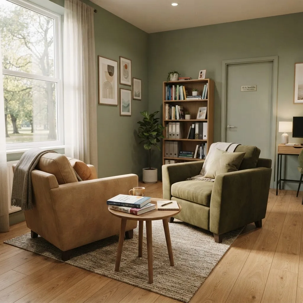 A bright consulting therapy room in a modern mental health clinic, featuring a comfortable seating area and CBT workbooks on a side table,