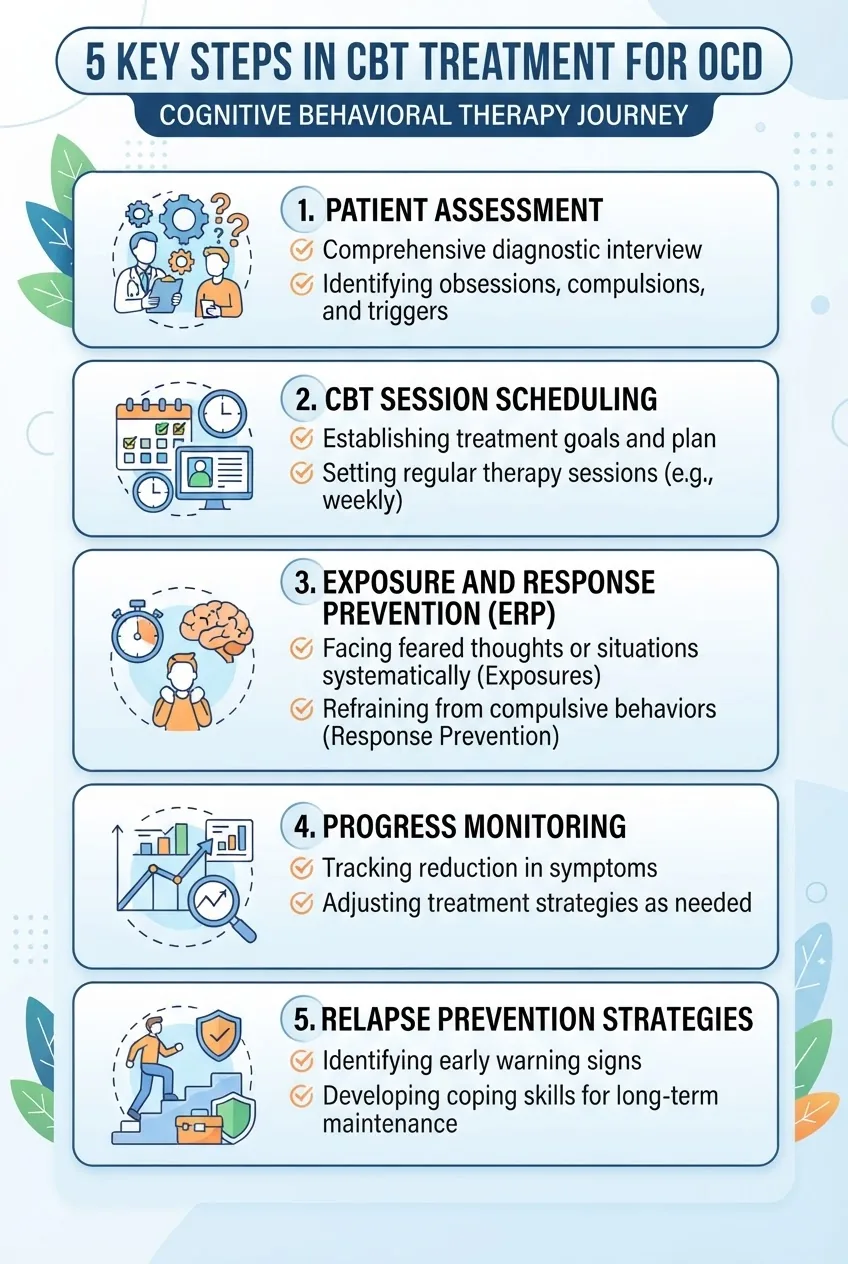 A vertical infographic showing 5 key steps in CBT treatment for OCD: 1. Patient assessment, 2. CBT session scheduling, 3. Exposure and