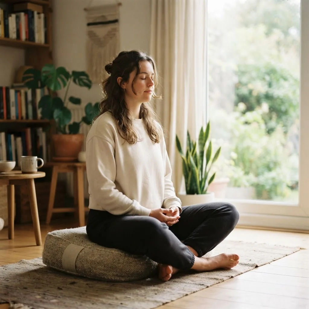 A candid photo of a person practicing mindfulness meditation seated comfortably in a peaceful indoor room with soft daylight, relaxed