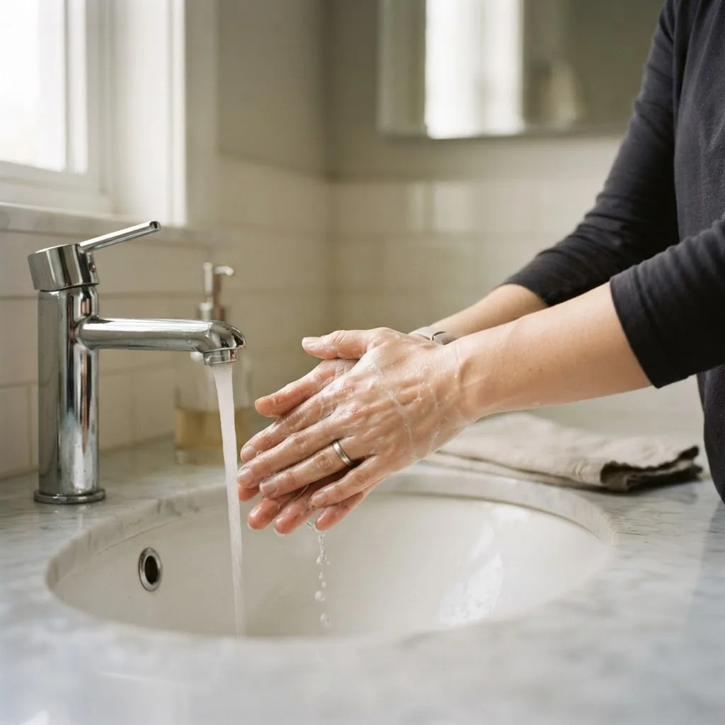 A close-up photo of a person's hands under running water at a well-lit bathroom sink, focusing on careful hand washing, soft natural light,
