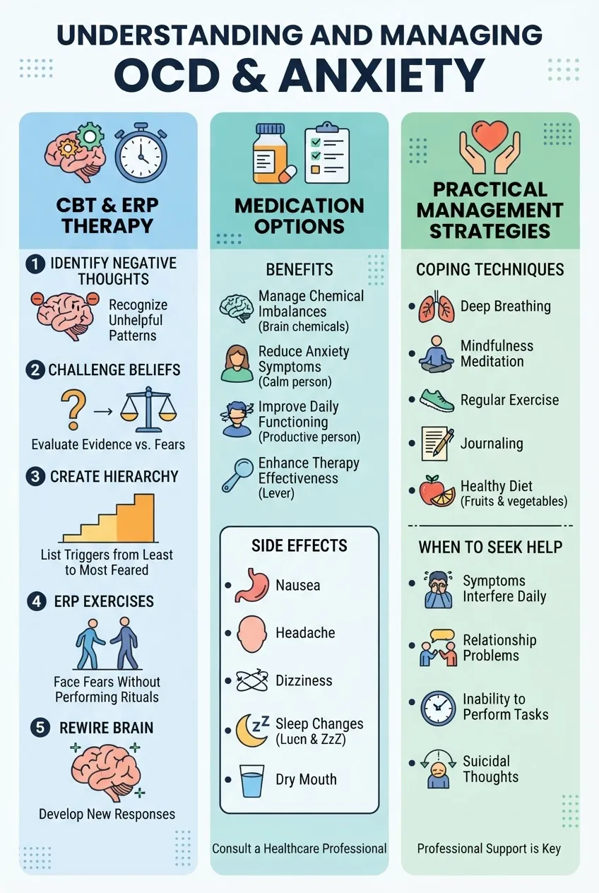 A clean infographic divided into three columns showing: 1) CBT and ERP therapy with icons representing brain and clock, describing therapy