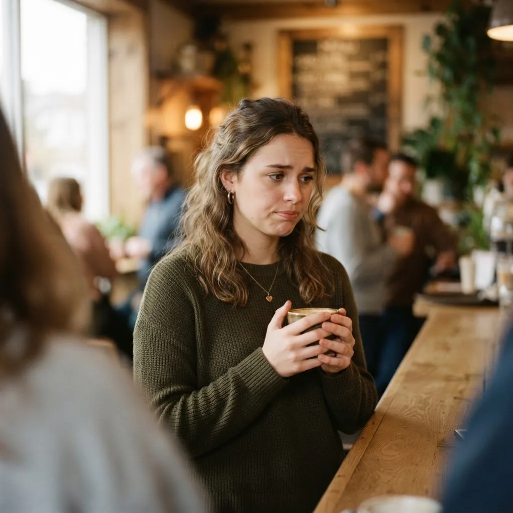 Portrait of a young adult in a casual indoor setting looking anxious before a social conversation, natural daylight, soft focus background,