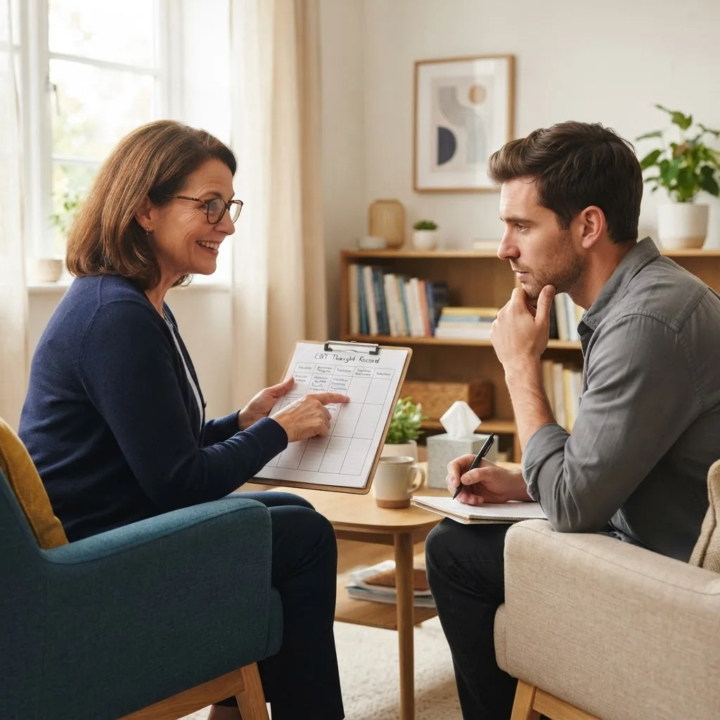 Therapist and patient in a bright therapy room during a CBT session, therapist showing a thought record sheet, patient engaged and