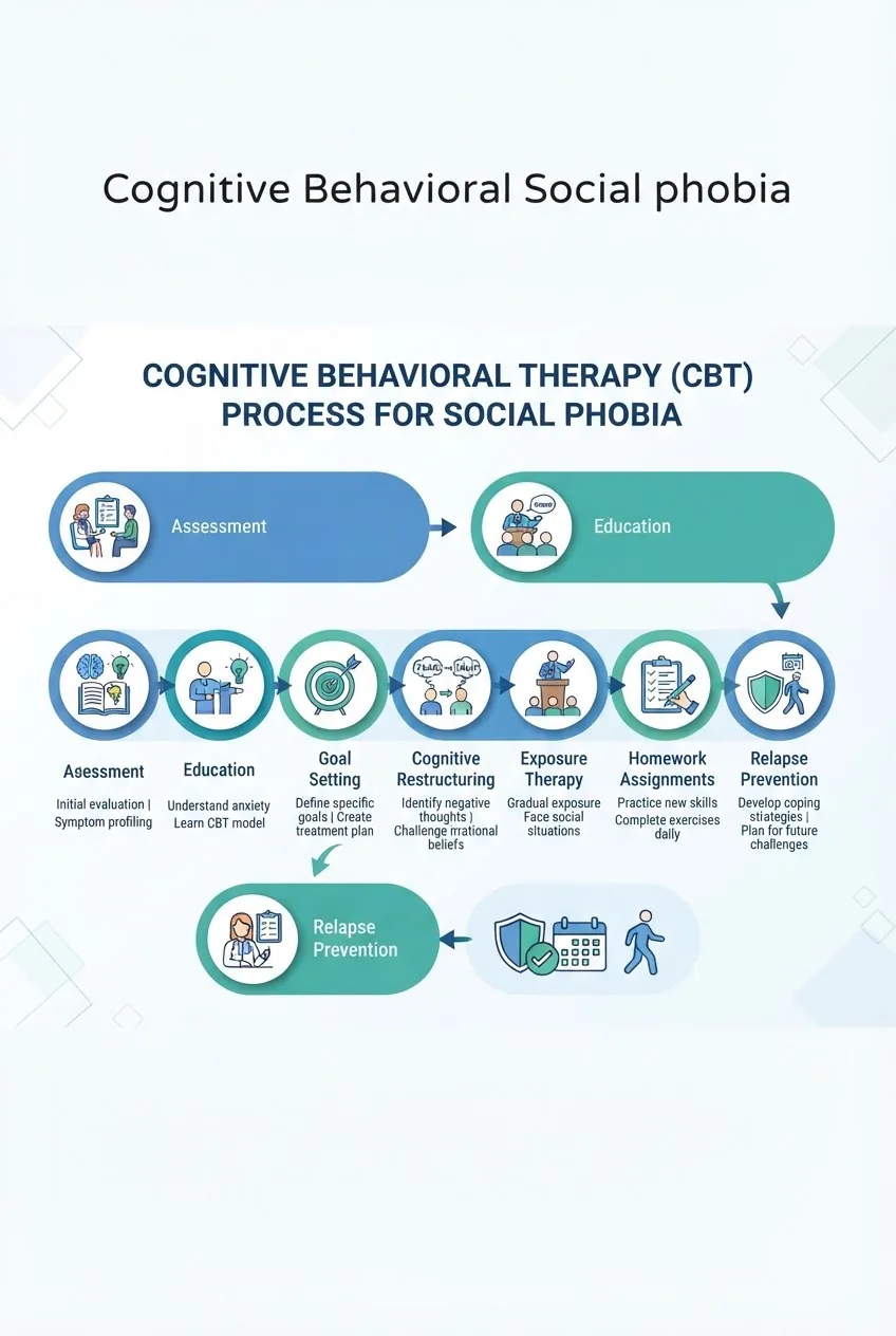 A clear infographic with seven horizontal steps depicting the CBT process for social phobia: assessment, education, goal setting, cognitive