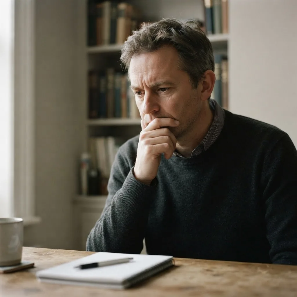 Close-up of a thoughtful adult appearing contemplative at home, neutral background, soft natural lighting; representing introspection and