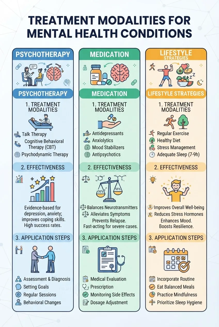 A structured infographic with three columns titled Psychotherapy, Medication, Lifestyle Strategies; each column includes 3 icons and short
