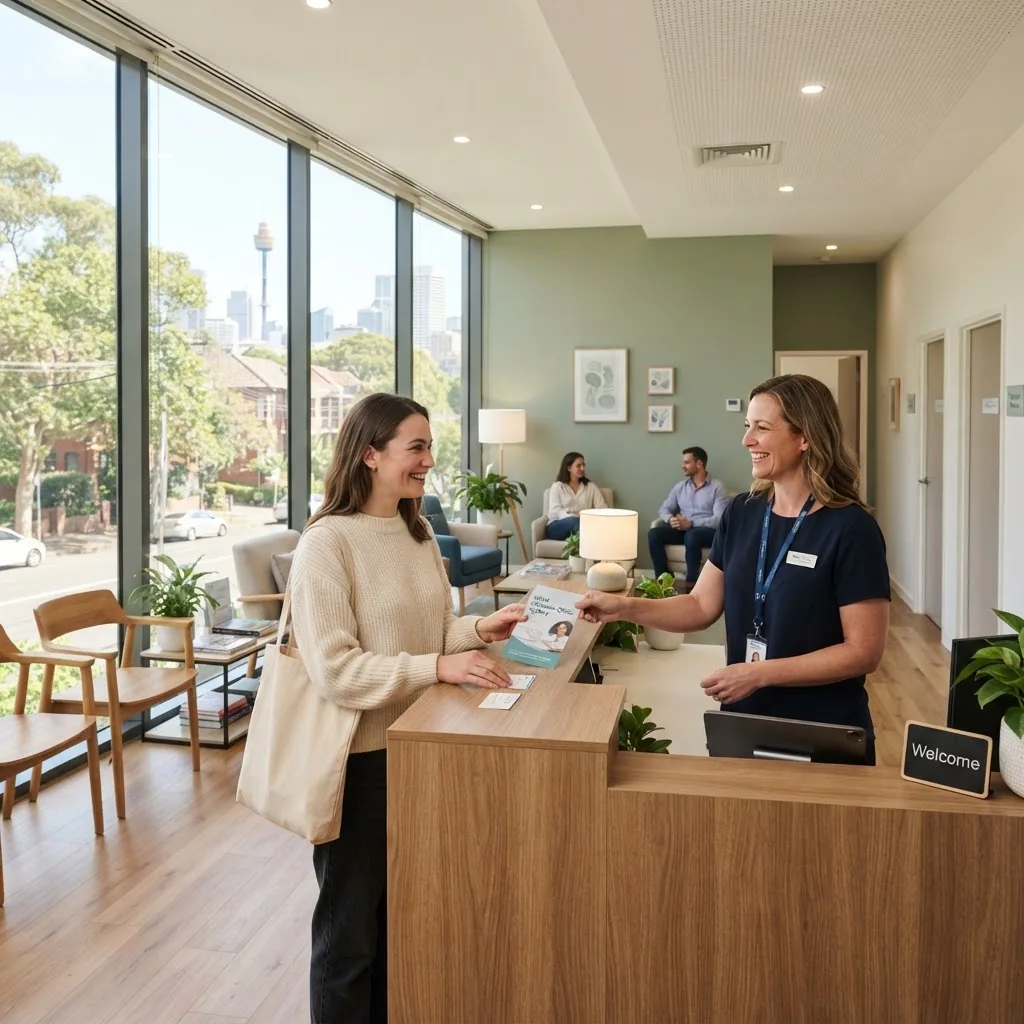 welcoming mental health clinic reception area in Sydney with natural light, a friendly receptionist engaging with a visitor, showcasing a