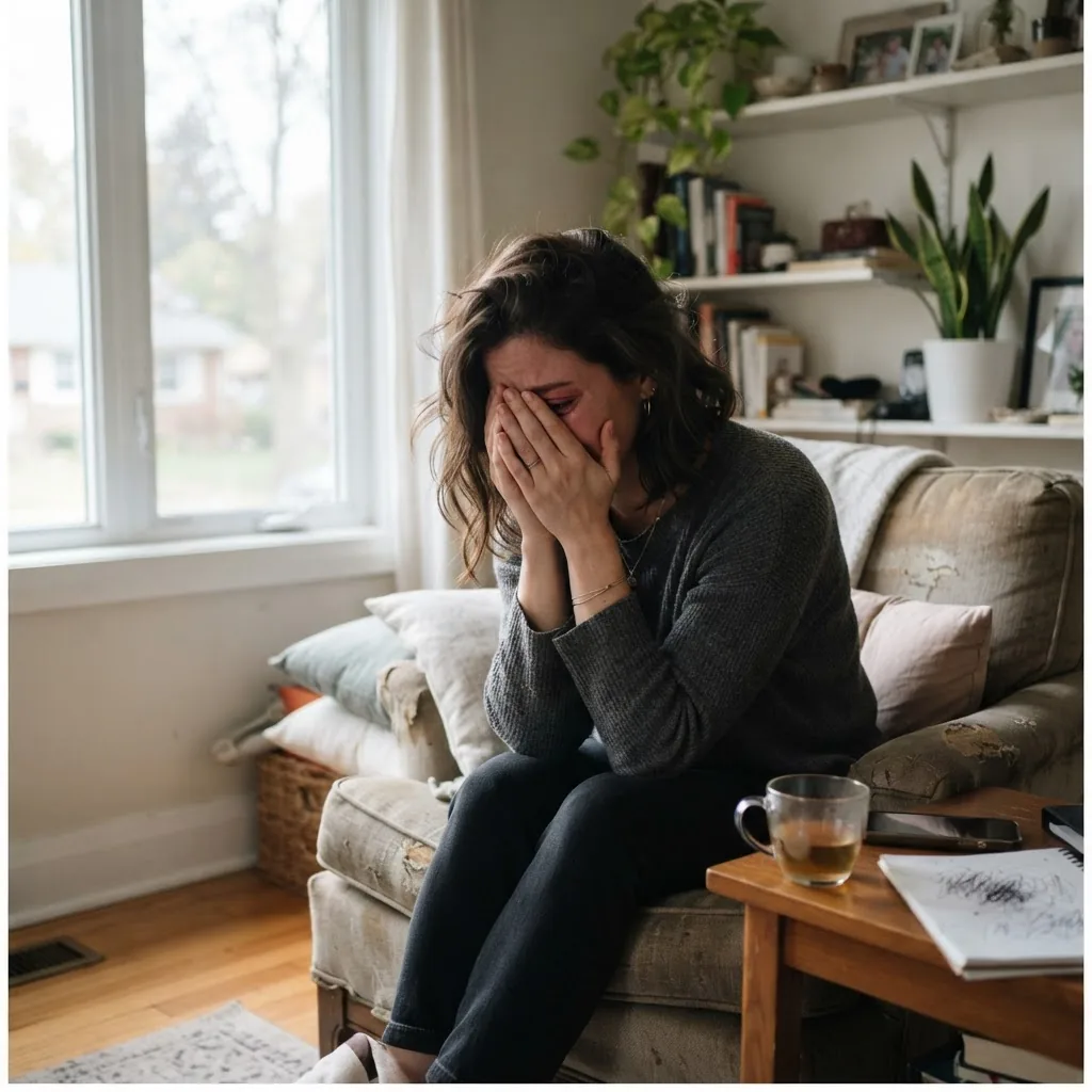 a mid-30s adult, appearing anxious and overwhelmed, sitting alone in a softly lit room near a window during daytime, head in hands,