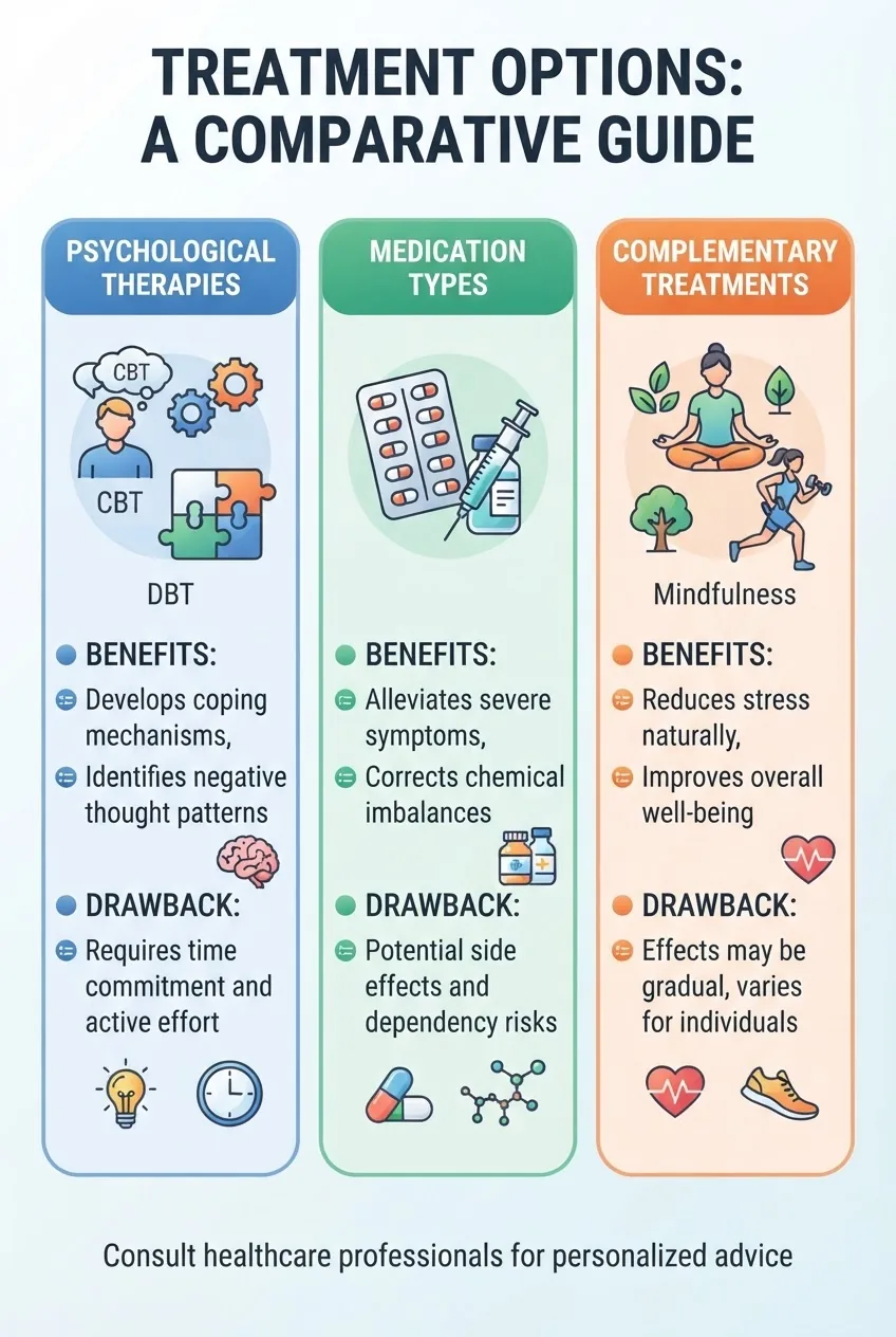 A three-part infographic presenting treatment options: Column 1 - Psychological Therapies (icons for CBT, DBT), Column 2 - Medication Types
