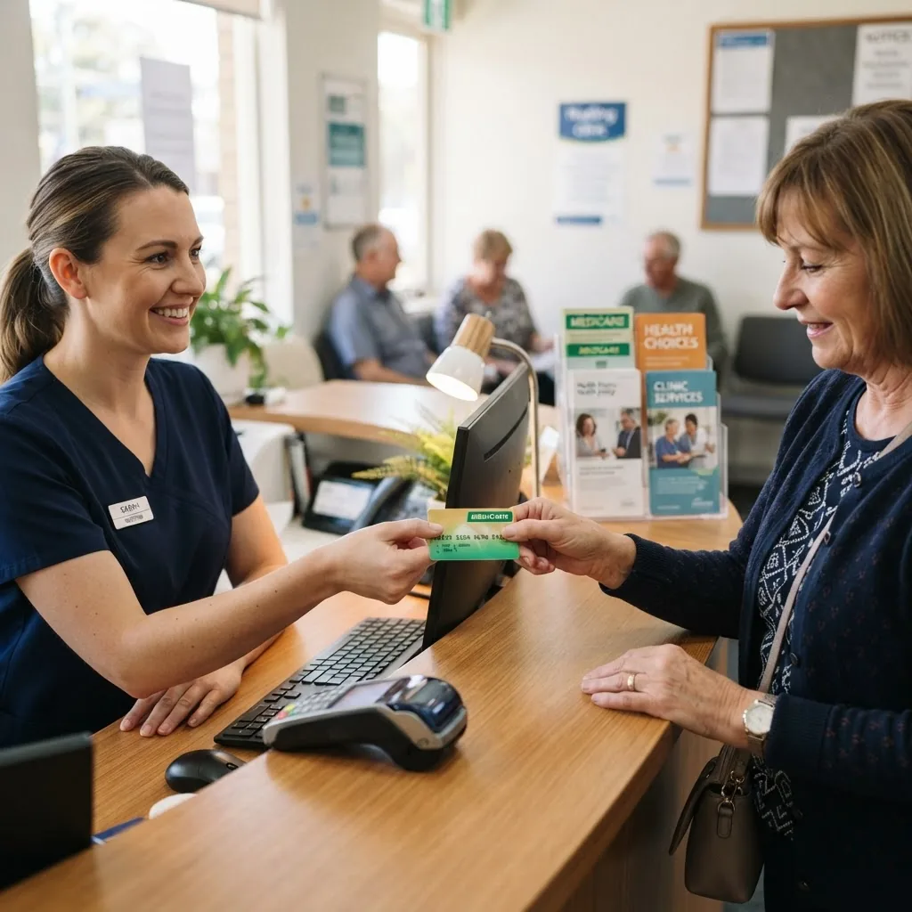 Close-up of a patient receiving a Medicare card from a medical receptionist at a health clinic desk, clinical environment with natural