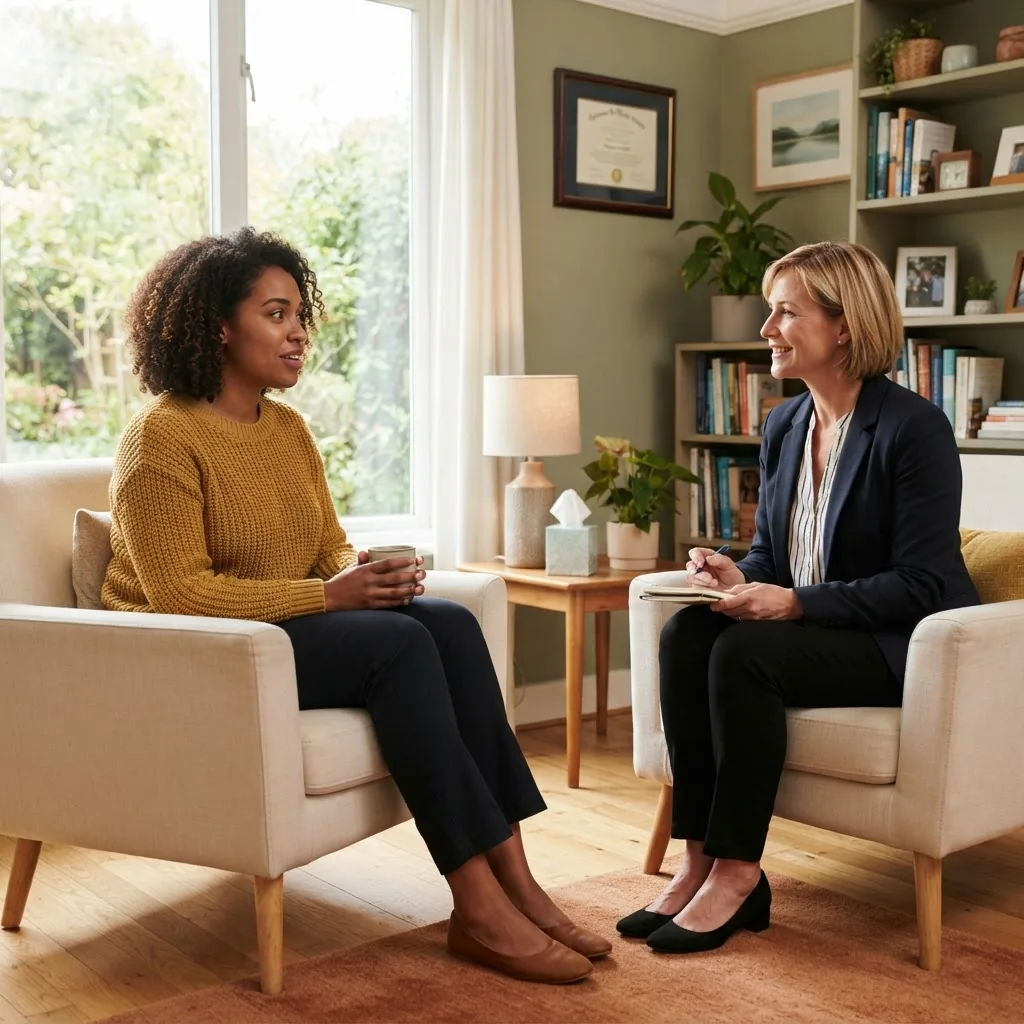 A friendly, professional setting showing a diverse adult patient sitting and talking with a psychologist in a bright, comfortable