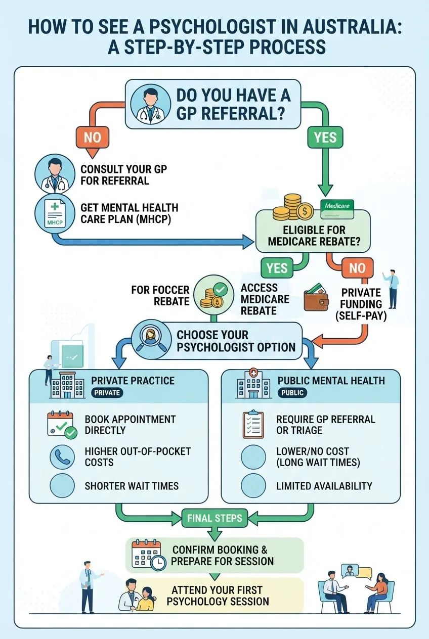 A structured flowchart infographic showing step-by-step process for seeing a psychologist in Australia: start with "Do you have a GP