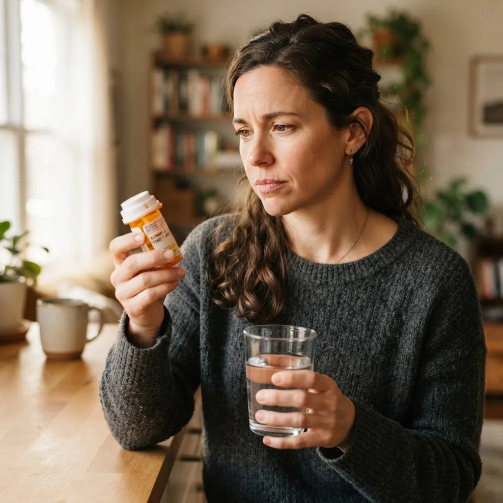 a woman appearing thoughtful and slightly concerned, holding prescription medication and water, indoor home setting, soft warm lighting,