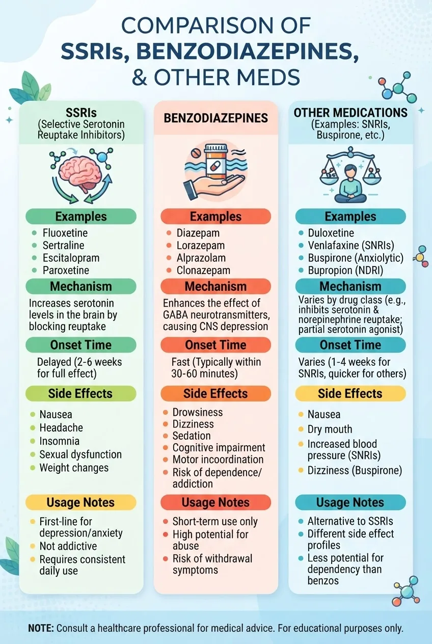 An infographic with three columns comparing SSRIs, benzodiazepines, and other meds side by side; each column has an icon, list of examples,