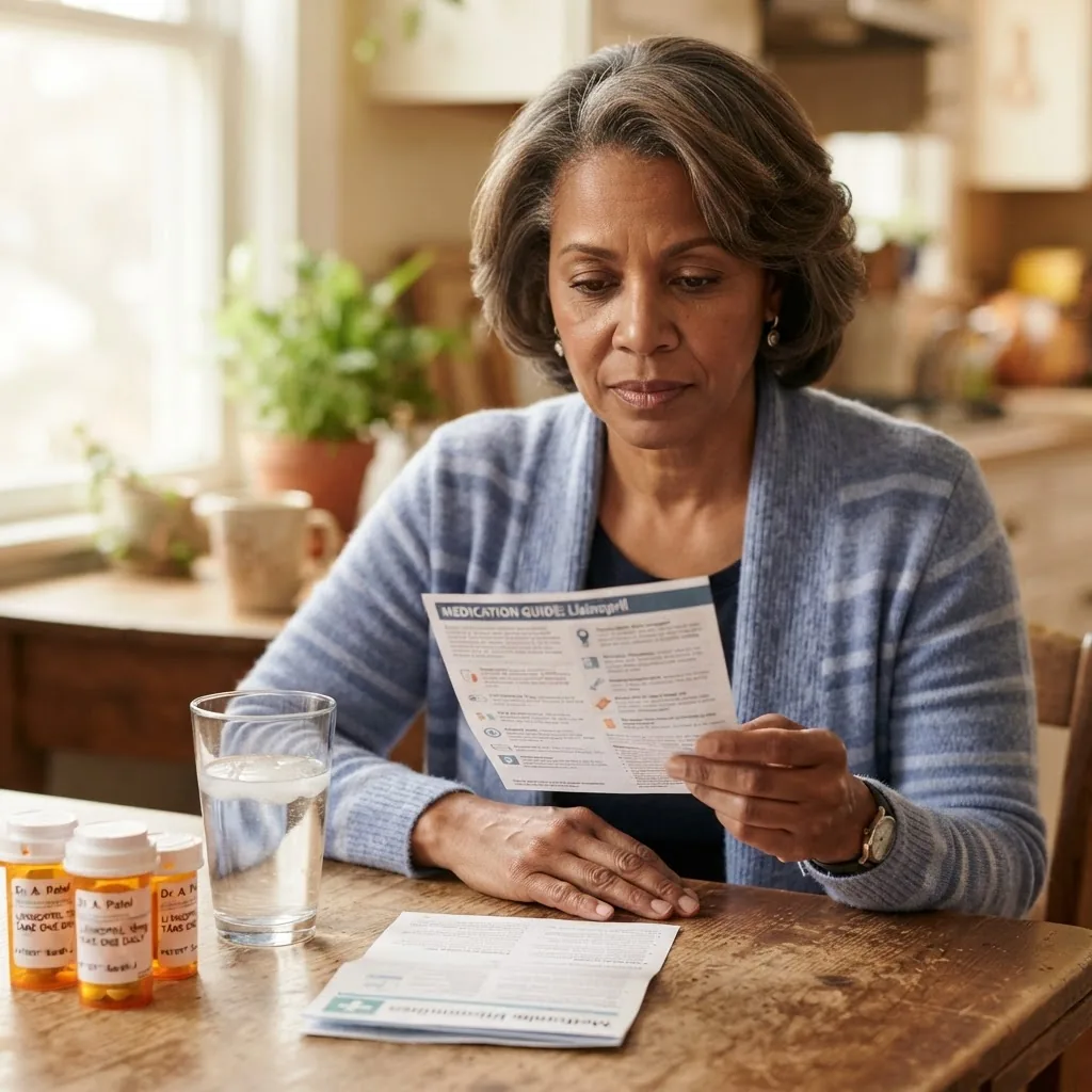 Close-up of a diverse adult patient thoughtfully reviewing medication information leaflets, sitting at a kitchen table with a glass of
